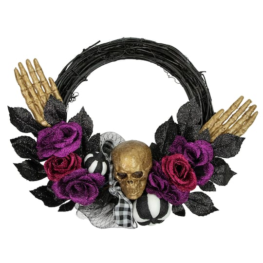 22&#x22; Skull with Hands &#x26; Purple Roses Halloween Twig Wreath